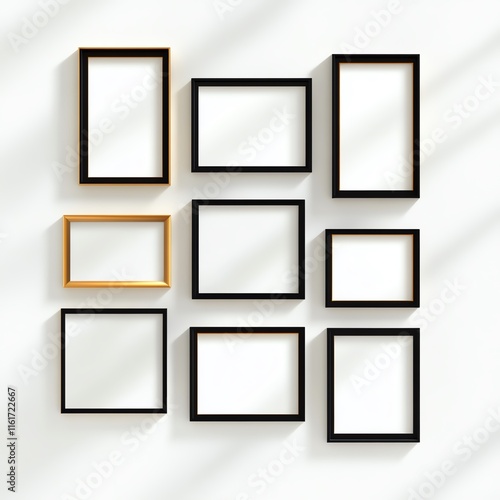 Assorted empty frames in various sizes arranged on a white wall. photo