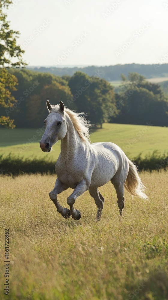 Obraz premium Dapple Grey Horse Galloping Across a Field