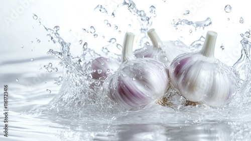 Fresh garlic cloves splashing into crystal clear water, showcasing freshness and vitality. photo