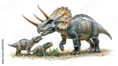 Illustration of a Triceratops with two young, showcasing prehistoric life.