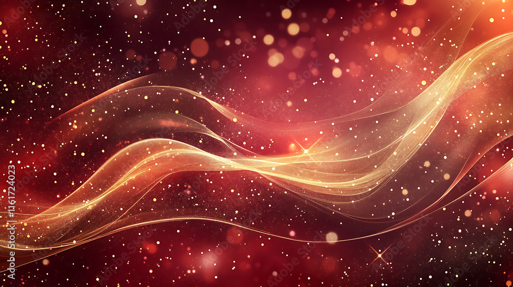 Fototapeta premium Golden Waves Abstract Red Background Sparkling Dust Festive Design