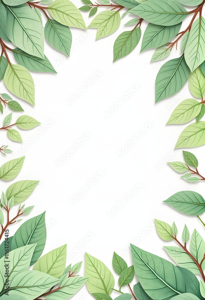 Lush green leaves frame border on white background, natural botanical design element Lush green leaves frame border on white background, natural botanical design element