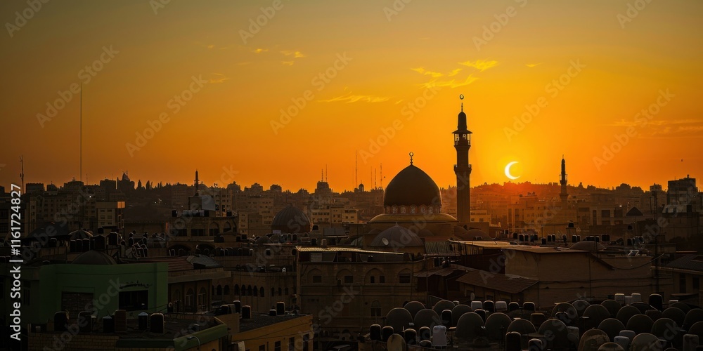 Fototapeta premium Amman Jordan Skyline Sunset Silhouette Mosque Minaret Golden Hour Cityscape