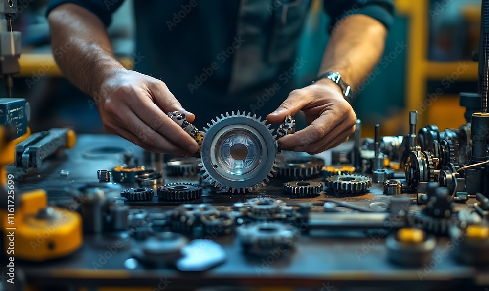 A mechanic assembling gears on a workbench filled with tools and machinery parts. A mechanic assembling gears on a workbench filled with tools and machinery parts.