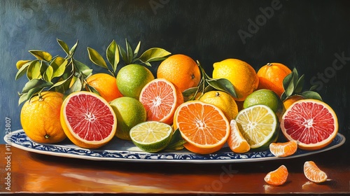 A vibrant assortment of fresh citrus fruits on a decorative plate.