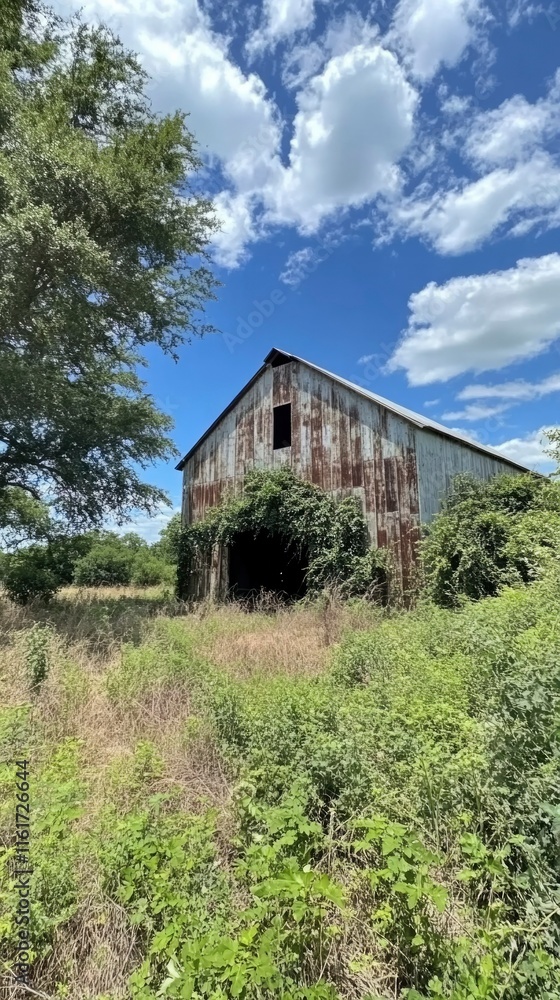 Overgrown Rustic Barn Under a Blue Sky Overgrown Rustic Barn Under a Blue Sky