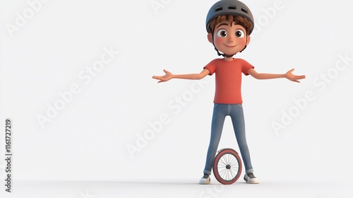 Cartoon boy in helmet balancing on unicycle, arms outstretched. photo