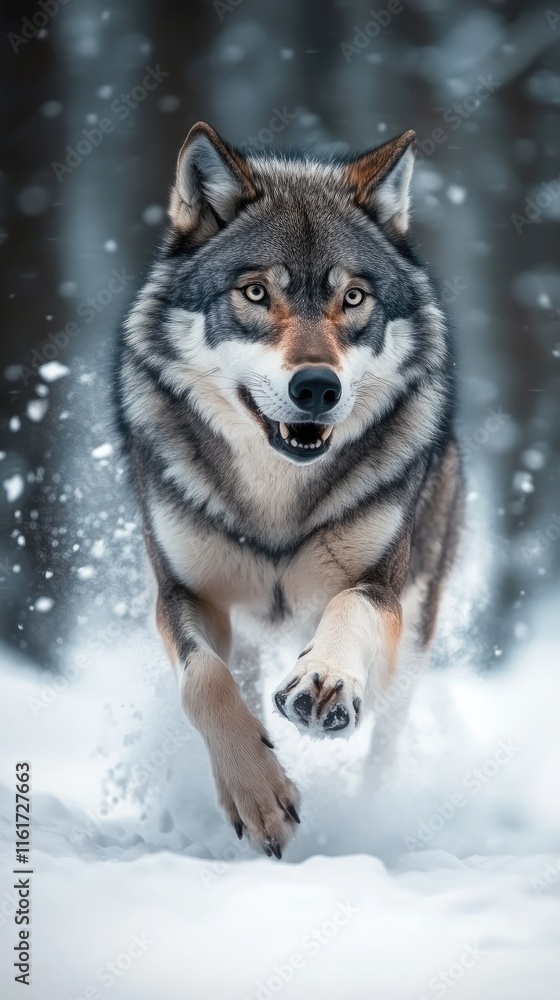 Obraz premium A wolf running through snowy terrain, showcasing its strength and agility in a winter landscape.
