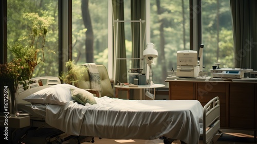 Calm Hospital Room: Bed with IV Drip, Patient Charts, and Natural Light Through the Window.
