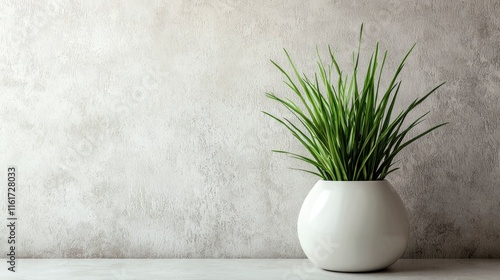 Green plant in white pot against textured wall. (1) photo