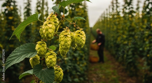 Green Hops Growing Abundantly In A Hop Field photo