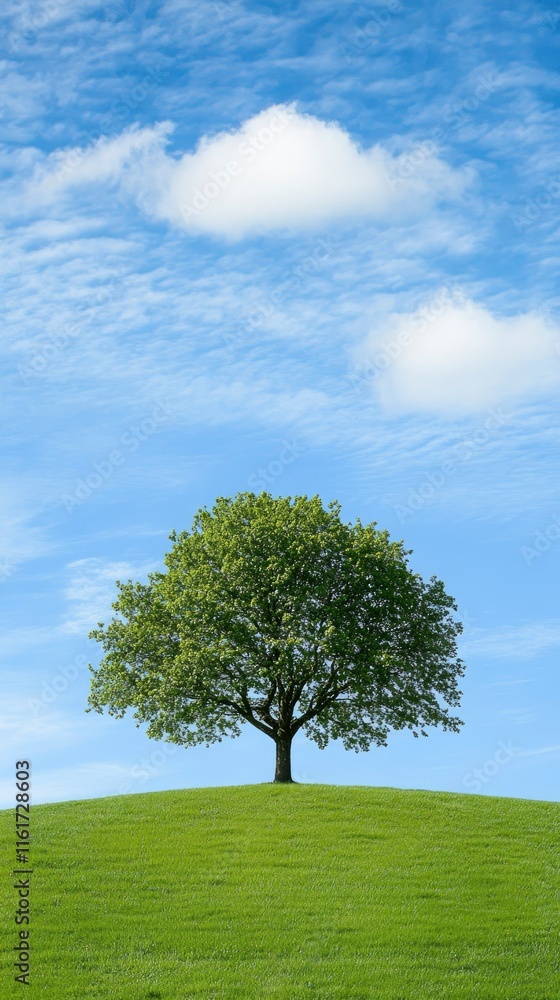 Lone Tree Stands Tall On Green Hill Under Blue Sky Lone Tree Stands Tall On Green Hill Under Blue Sky