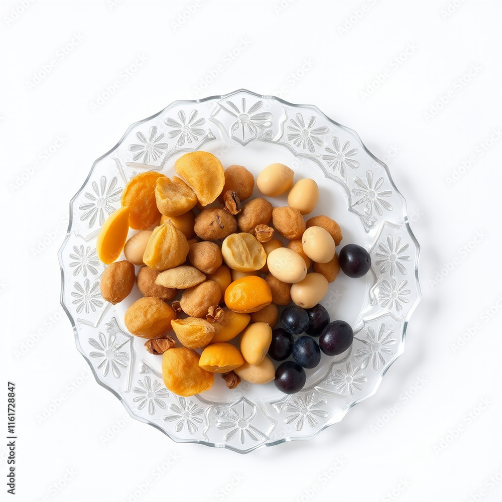 Dry fruits in a glass plate on white background - fruit generation -