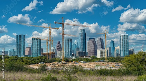 A city skyline with cranes and construction, representing recovery in the economy.