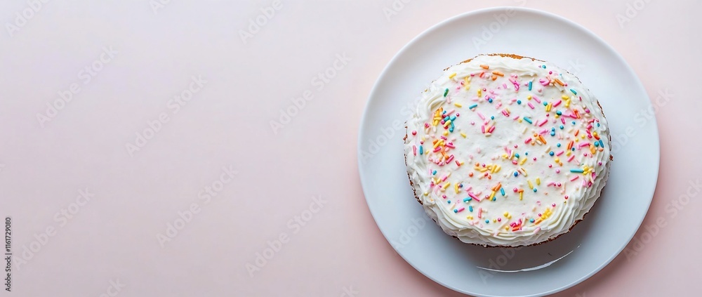 A small, round cake with white frosting and colorful sprinkles sits on a white plate against a pink background. A small, round cake with white frosting and colorful sprinkles sits on a white plate against a pink background.