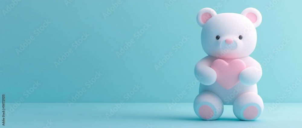 Cute 3D rendering of a white teddy bear holding a pink heart against a light blue background. Cute 3D rendering of a white teddy bear holding a pink heart against a light blue background.