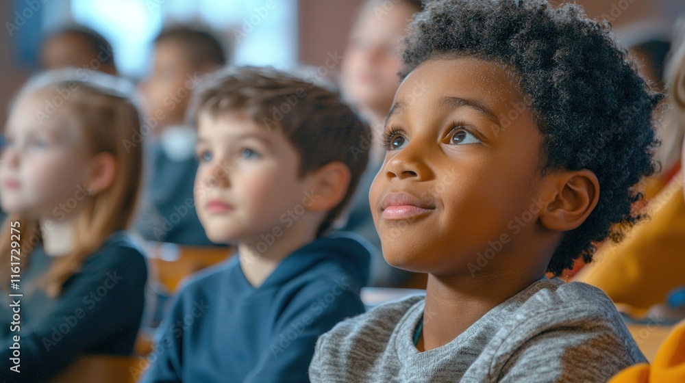 A classroom full of young students sitting attentively, listening to their teacher explain a new lesson. A classroom full of young students sitting attentively, listening to their teacher explain a new lesson.