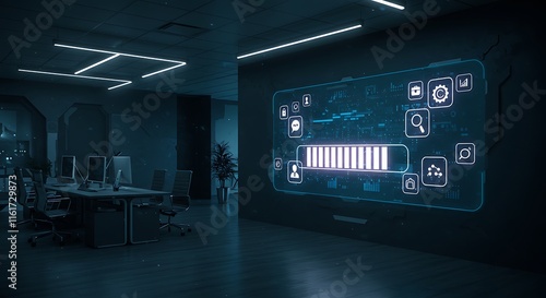 Futuristic Office Digital Interface Progress Bar Technology Data Analytics Network Modern Workplace