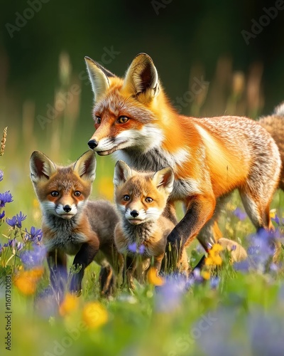 A mother fox and her two kits play in a colorful wildflower meadow.