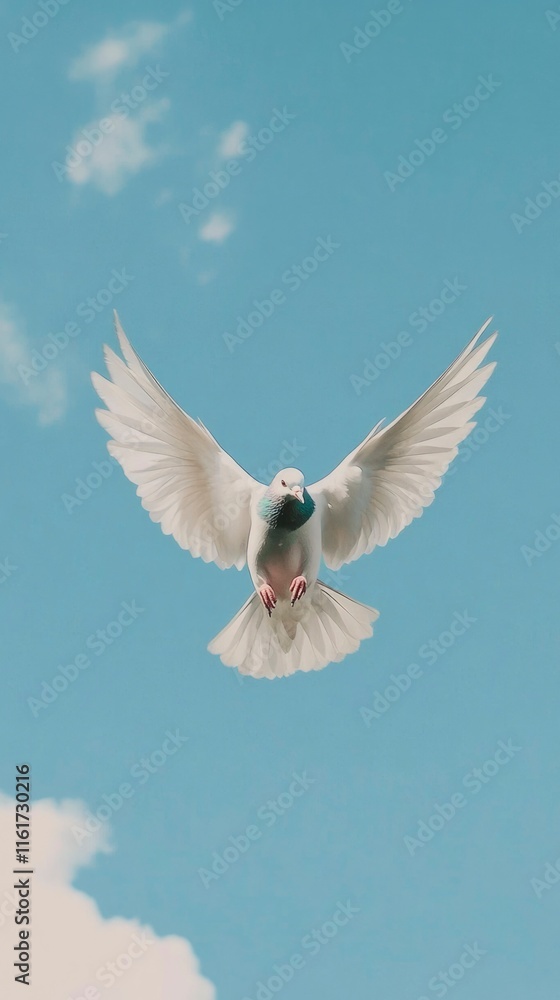 Fototapeta premium White Dove Soaring Through A Blue Sky
