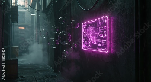 Cyberpunk Alleyway Futuristic HUD Bubbles Neon Glow