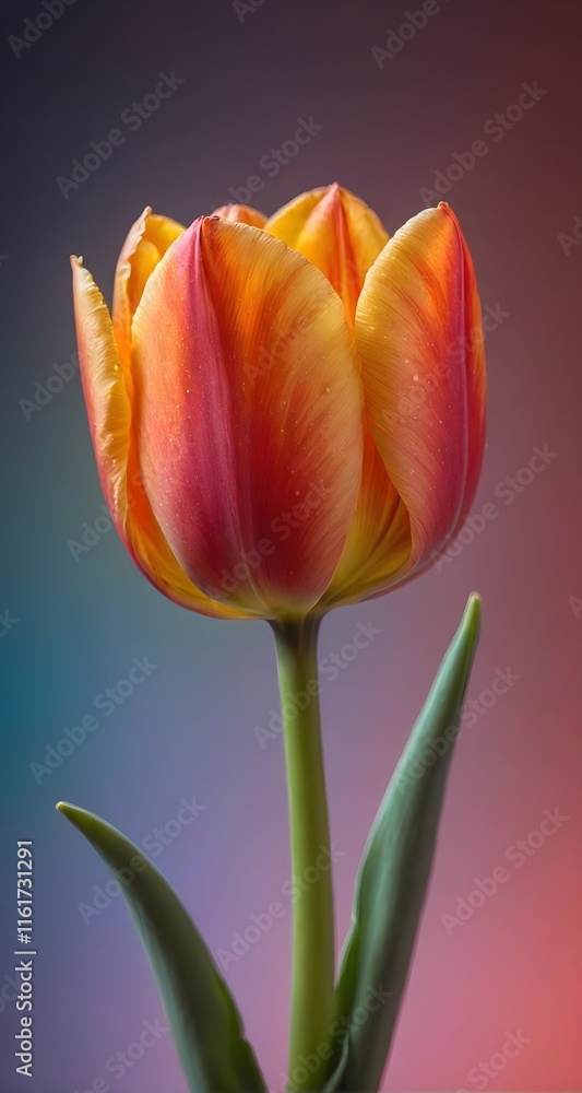 A single orange and yellow tulip on a purple background.