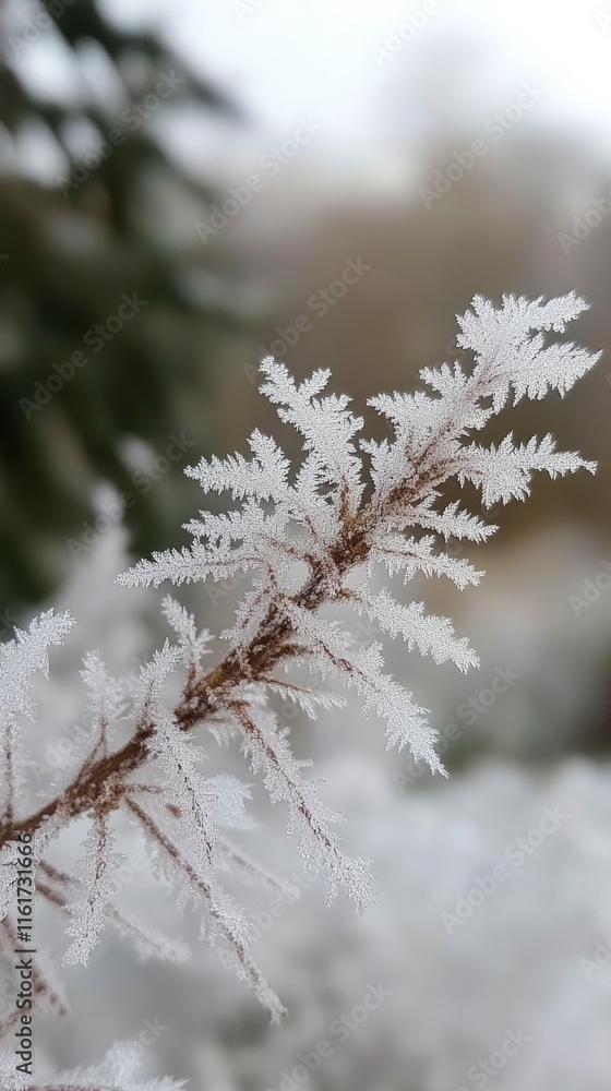 Delicate frost crystals adorn a winter branch Delicate frost crystals adorn a winter branch