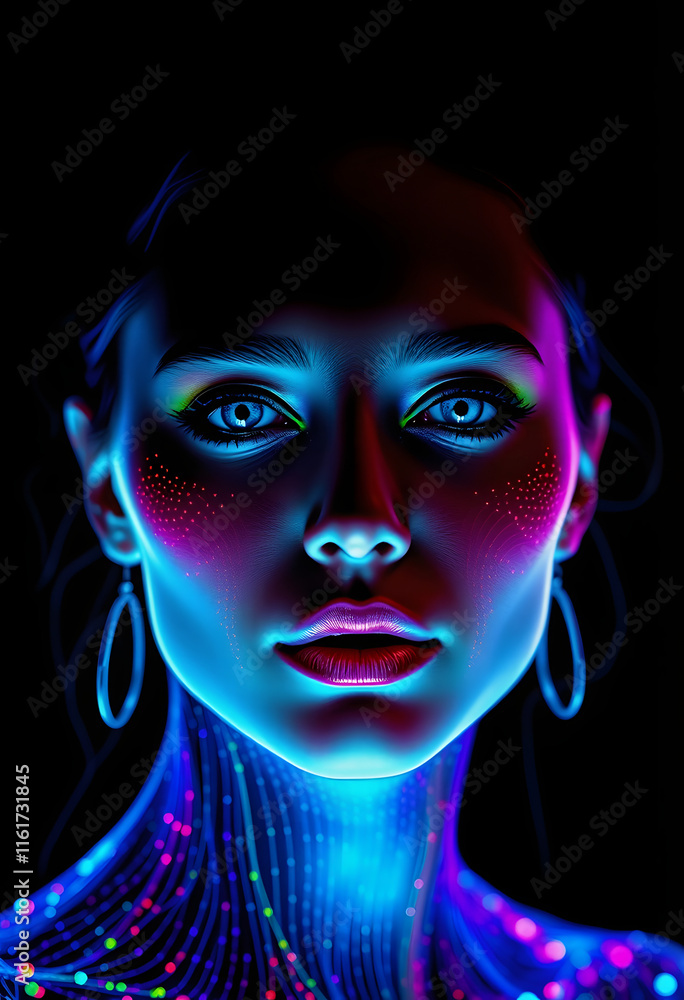 Woman with neon fluorescent makeup, UV body art, glowing paint, nightlife, clubbing Woman with neon fluorescent makeup, UV body art, glowing paint, nightlife, clubbing