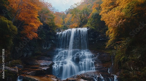 Autumn Waterfall Cascading Through Colorful Forest