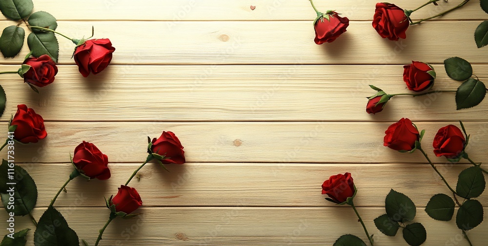 Red roses arranged on light wooden background, leaving space in the center. Red roses arranged on light wooden background, leaving space in the center.