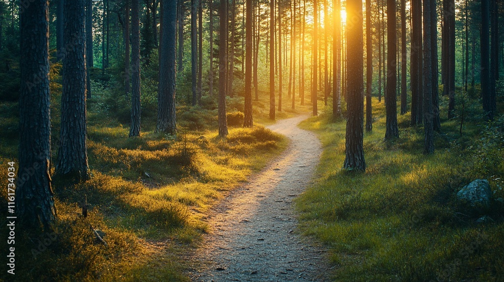 Sunlit path winding through a lush pine forest at sunset. Sunlit path winding through a lush pine forest at sunset.