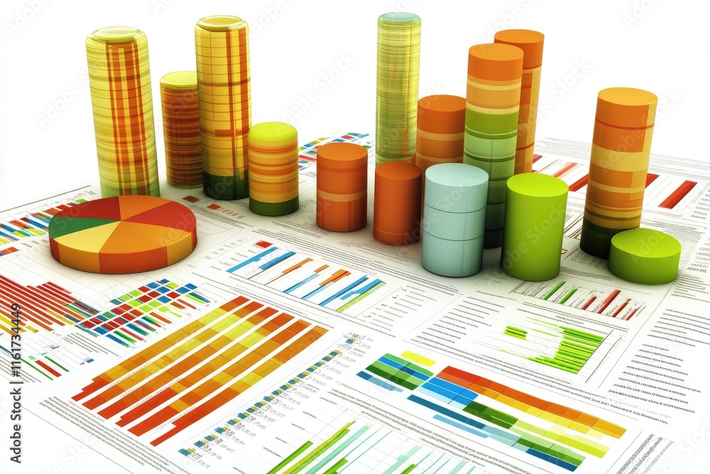 A 3D representation of data visualizations, including charts and graphs for analysis. A 3D representation of data visualizations, including charts and graphs for analysis.