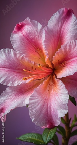 A pink flower with water droplets on it.  photo