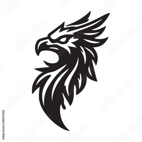 Powerful, stylized Moonlit Phoenix head vector graphic design.eps