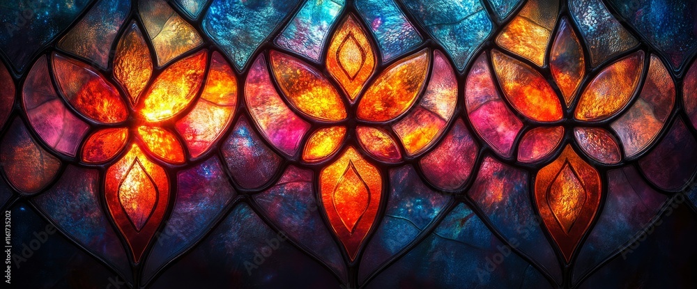 Vibrant Stained Glass Window with Floral Design - Abstract Art Background Vibrant Stained Glass Window with Floral Design - Abstract Art Background