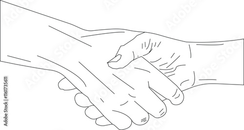 An illustration of line art depicting people shaking hands to agree on something.