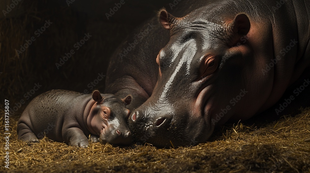 A mother hippopotamus rests protectively over her newborn calf in a dimly lit enclosure. A mother hippopotamus rests protectively over her newborn calf in a dimly lit enclosure.
