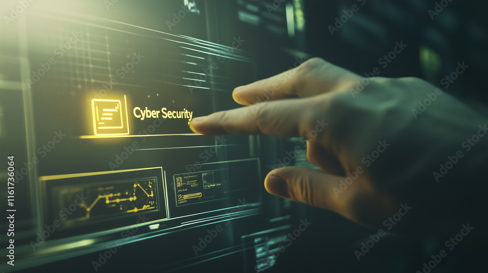 The scene shows a clean, modern screen with the large word Cyber Security on the screen with yellow color accent and capital letters and there is minimalist network image below it The scene shows a clean, modern screen with the large word Cyber Security on the screen with yellow color accent and capital letters and there is minimalist network image below it