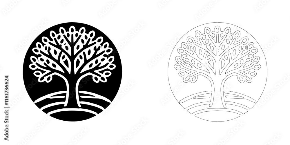 Fototapeta premium Tree of Life Logo Variations: Elegant and versatile logo designs featuring a stylized tree of life emblem, presented in both black and white versions for diverse applications.