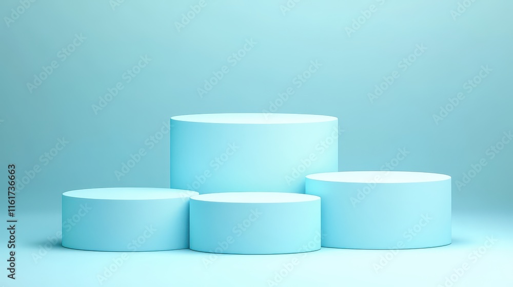 Three Light Blue Cylindrical Display Stands