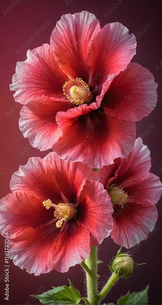 Fototapeta premium A close up of three pink flowers on a stem.