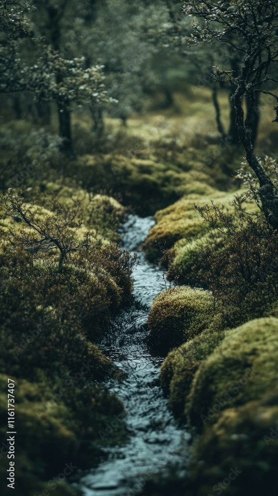 Mossy Stream Flows Through Verdant Forest Landscape Mossy Stream Flows Through Verdant Forest Landscape