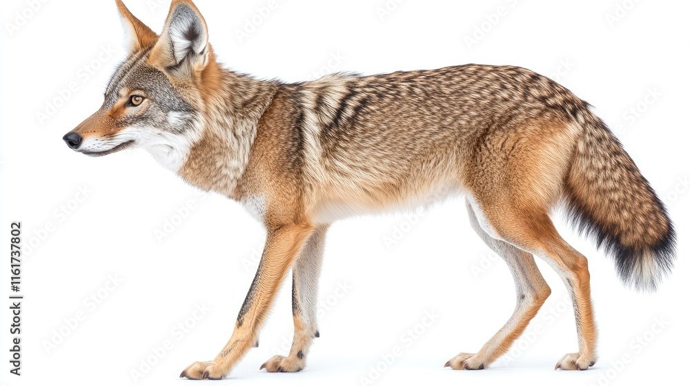 Fototapeta premium A side profile of a coyote showcasing its fur and posture against a white background.