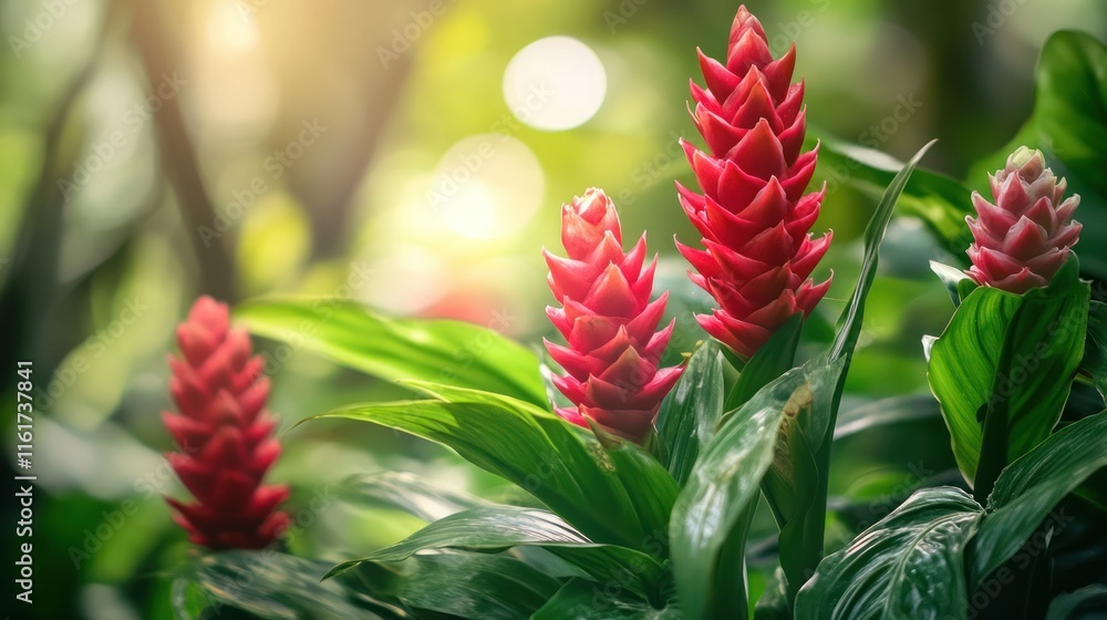 Vibrant Red Ginger Flowers in Lush Tropical Garden Vibrant Red Ginger Flowers in Lush Tropical Garden