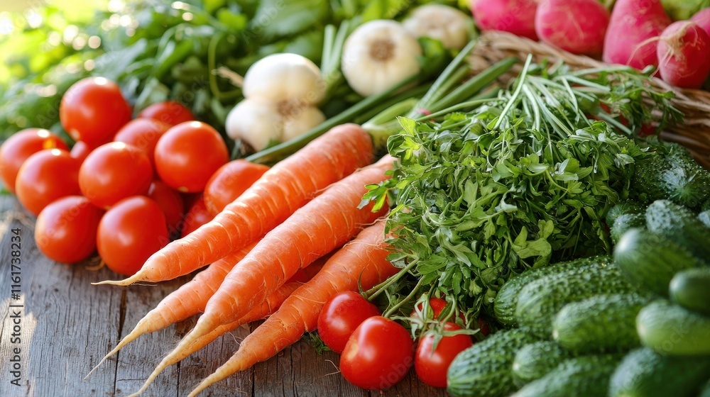 A close-up of freshly harvested organic vegetables laid out on a table in a small farm’s garden A close-up of freshly harvested organic vegetables laid out on a table in a small farm’s garden