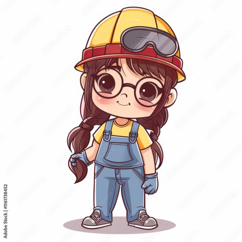 Cute cartoon girl in overalls and hard hat, female construction worker illustration Cute cartoon girl in overalls and hard hat, female construction worker illustration