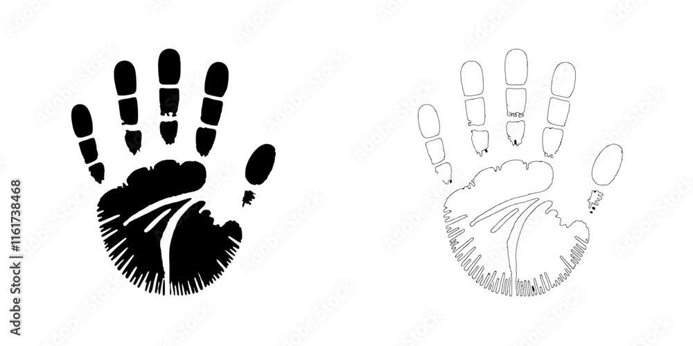 Handprint Symbol: A powerful and versatile visual, showcasing a black handprint with a detailed line art outline. This graphic represents uniqueness, identity, and creative expression. Handprint Symbol: A powerful and versatile visual, showcasing a black handprint with a detailed line art outline. This graphic represents uniqueness, identity, and creative expression.