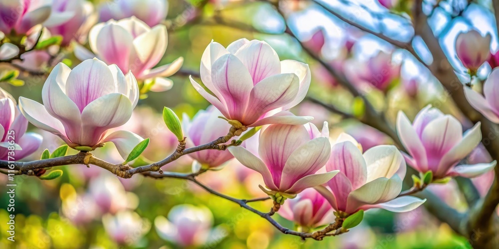Obraz premium Large, showy magnolia flowers in shades of white and pink blooming on a bare tree branch