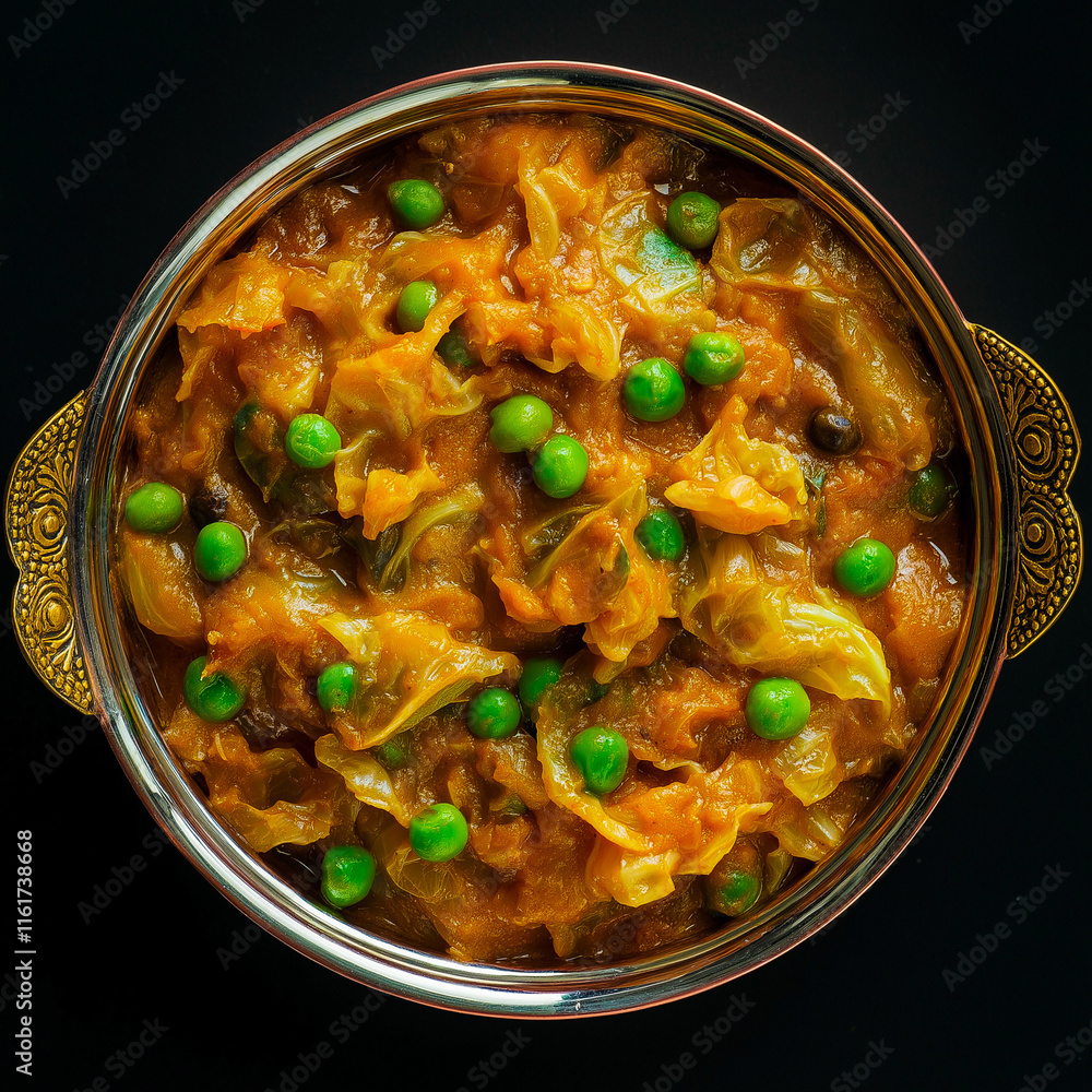 Indian dish Aloo Gobhi Matar - cabbage with peas in a copper bowl on black background view on top, generative AI