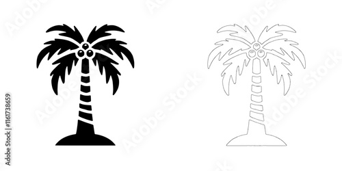 Palm Tree Icon Set: Two elegant palm tree icons in silhouette and outline styles. Perfect for tropical designs, summery branding, or vacation-themed projects.